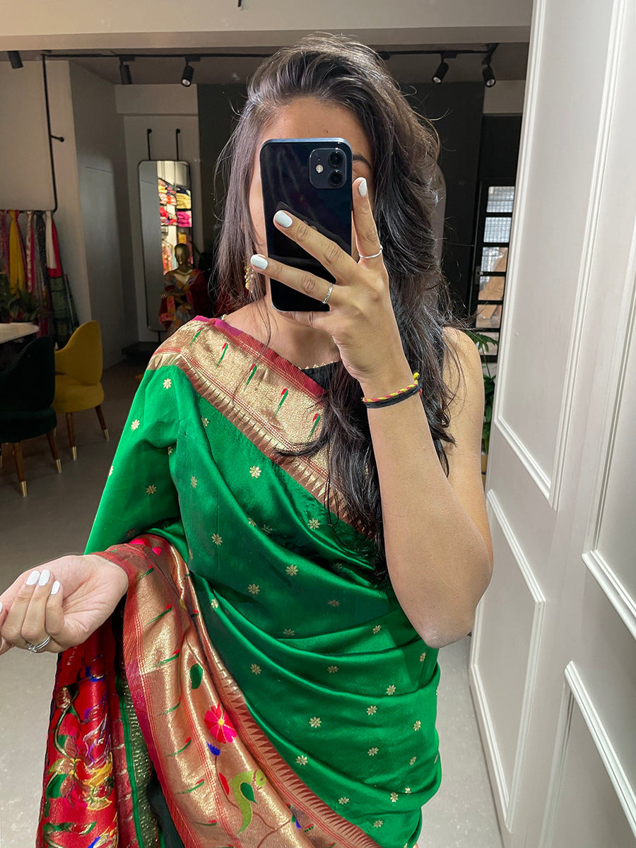 Green Color Raw Silk Zari Weaving Saree with Unstitched Blouse