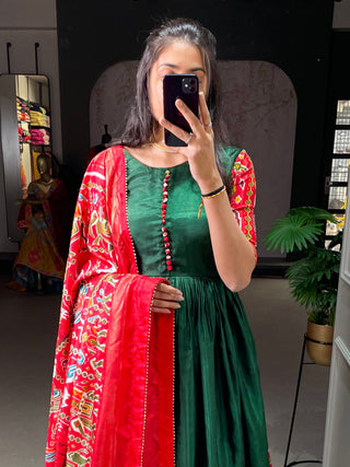 Green Color Patola And Foil Printed Dola Silk Gown Clothsvilla
