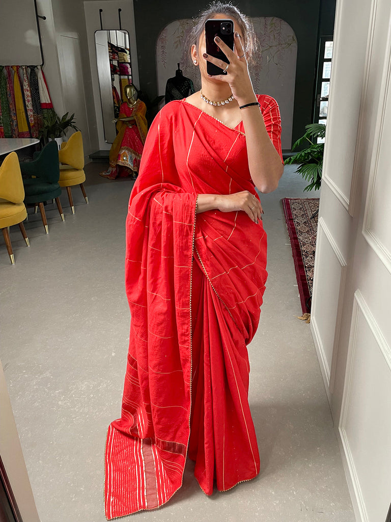 Red Sequins And Zari Work Viscose Chanderi Saree Clothsvilla