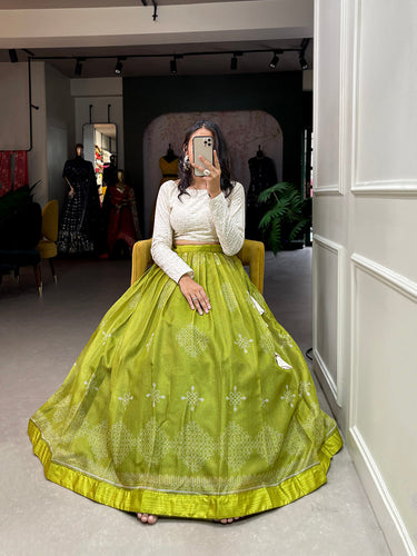 Parrot Color Digital Print Cora Chex Zari Border Co-Ord Set Lehenga Choli ClothsVilla.com