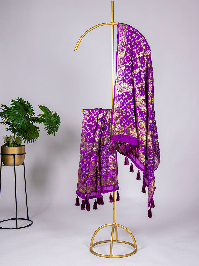 Purple Color Zari Weaving Work Original Bandhej Silk Dupatta Clothsvilla