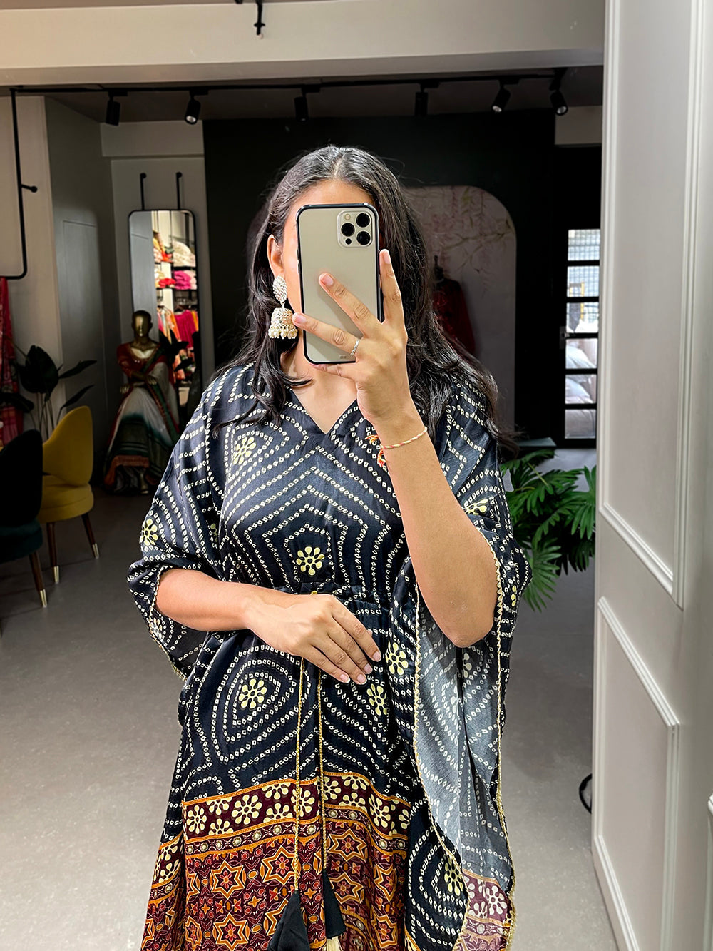 Black Color Digital Bandhej Printed Gaji Silk Kaftan ClothsVilla.com