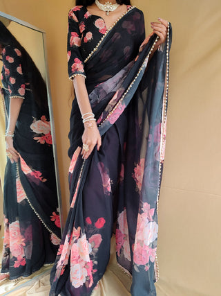 Black Color printed With Peral Lace Border Georgette Saree Clothsvilla