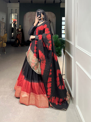 Black Color Shibori Printed With Zari Weaving Work Chanderi Lehenga Choli Clothsvilla