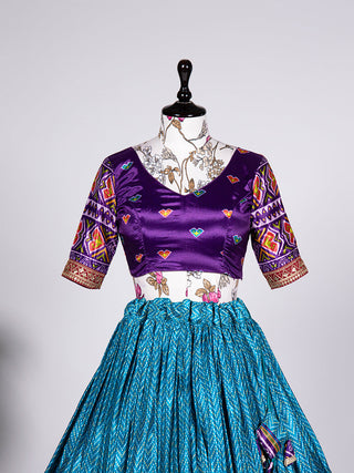 Firozi Color Laheriya Patola Print and Sequins Embroidery Chinon Lehenga Choli ClothsVilla