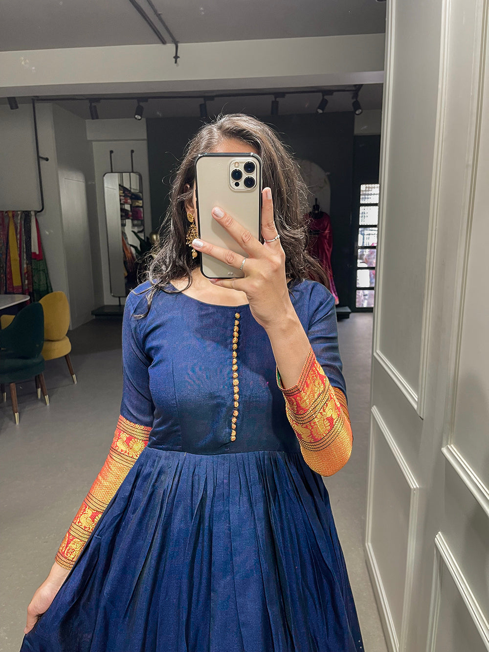 Navy Blue Color Zari Weaving Work Narayan Pet Cotton Gown Clothsvilla