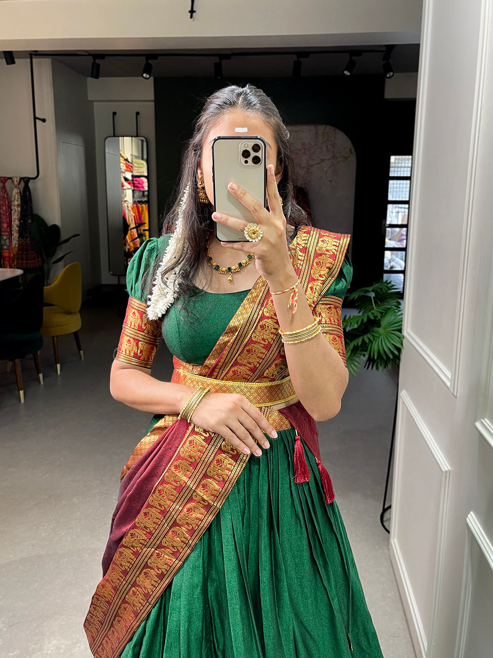Green Color Zari Weaving Work Narayan Pet (Cotton) Half Saree Lehenga Choli ClothsVilla.com