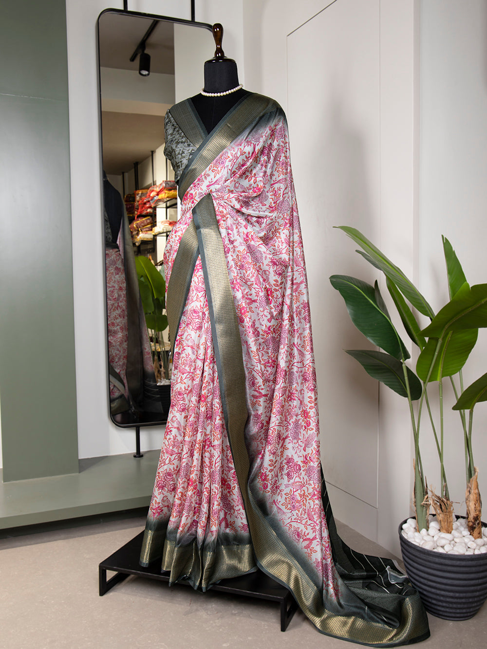 Pink Color Printed With Zari Border Dola Silk Saree Clothsvilla