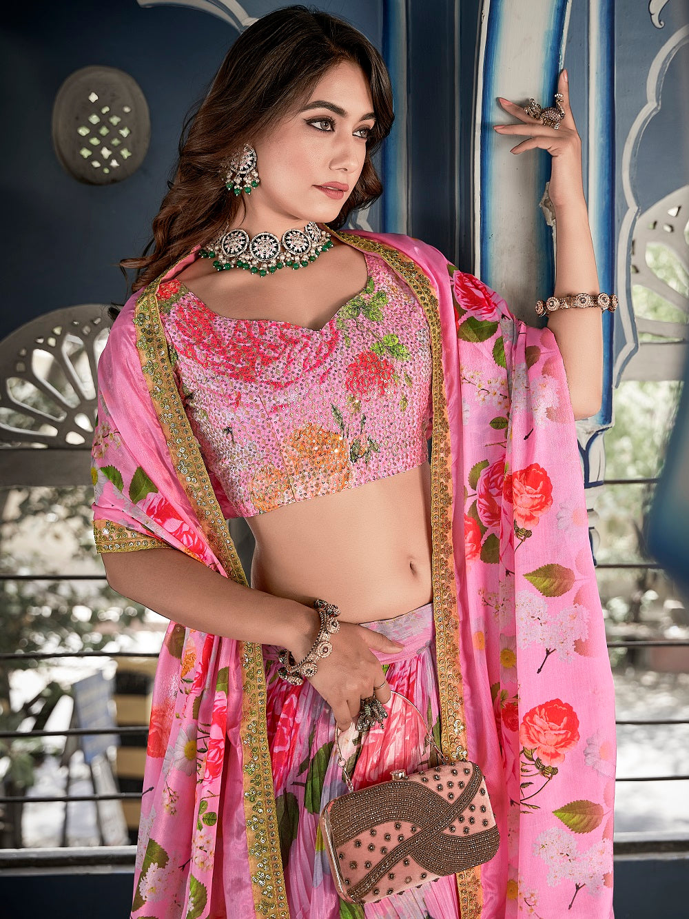 Pink Color Digital Print With Sequins Embroidery Work Crushed Chinon Lehenga Choli ClothsVilla.com