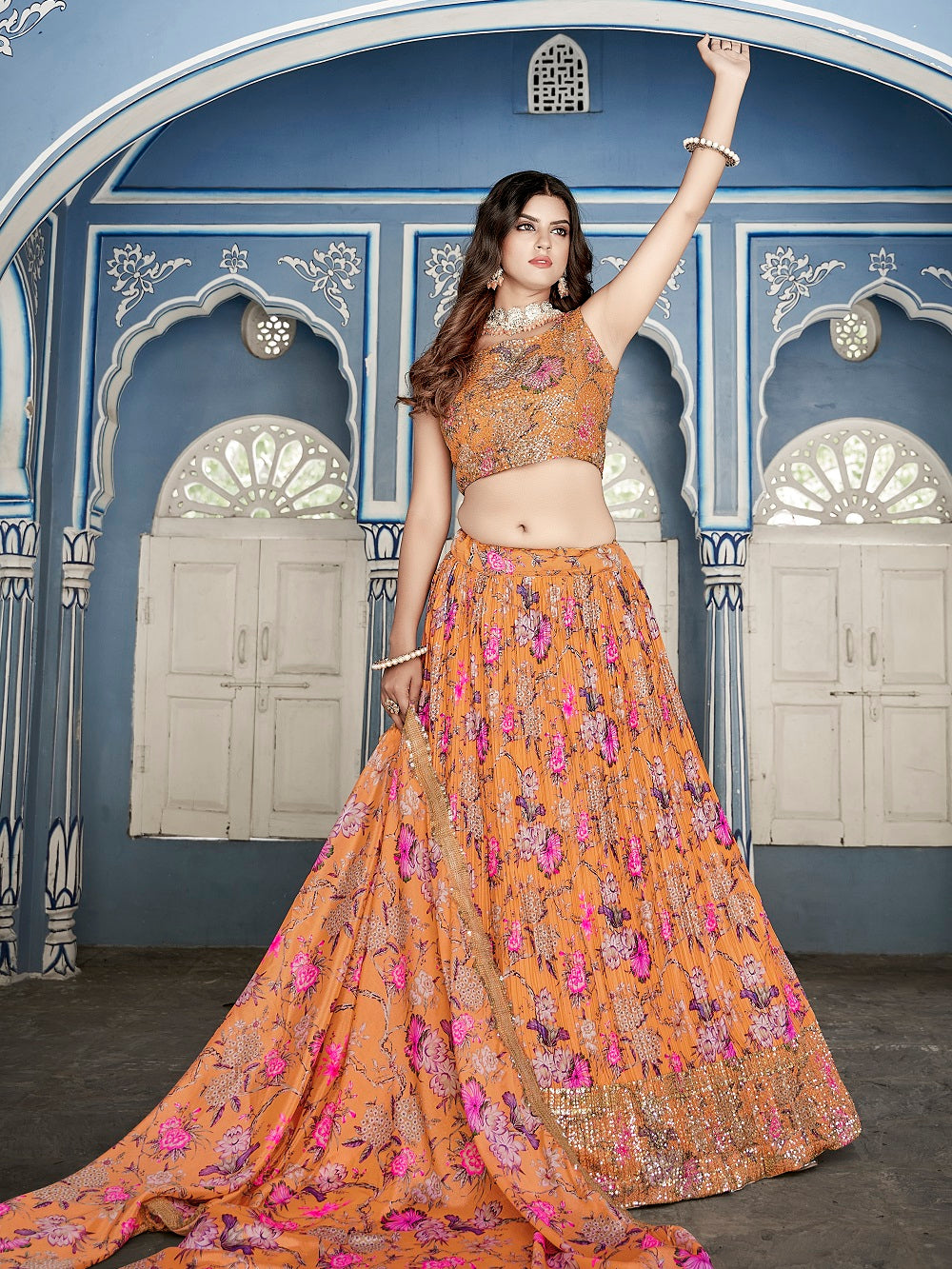Orange Color Digital Print With Sequins Embroidery Work Crushed Chinon Lehenga Choli ClothsVilla.com