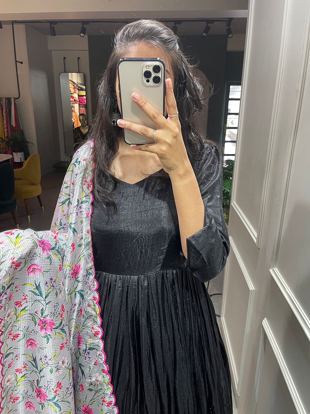 Black Color Plain Dola Silk Gown Clothsvilla