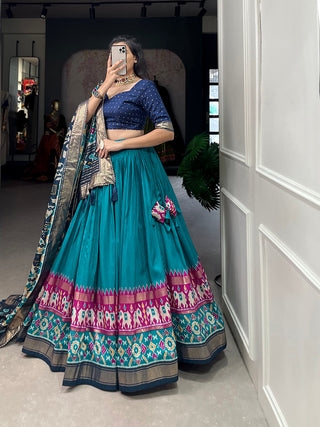 Firozi Color Patola Print With Foil Work Tussar Silk Lehenga Choli ClothsVilla