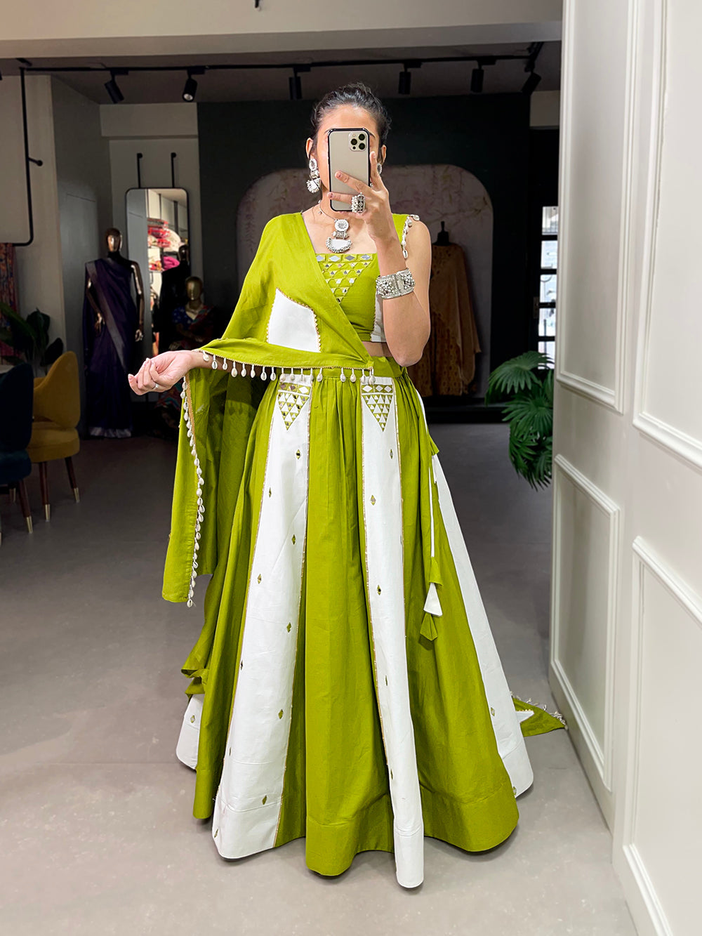 Parrot Color Mirror Work With Gota Patti Cotton Chaniya Choli ClothsVilla