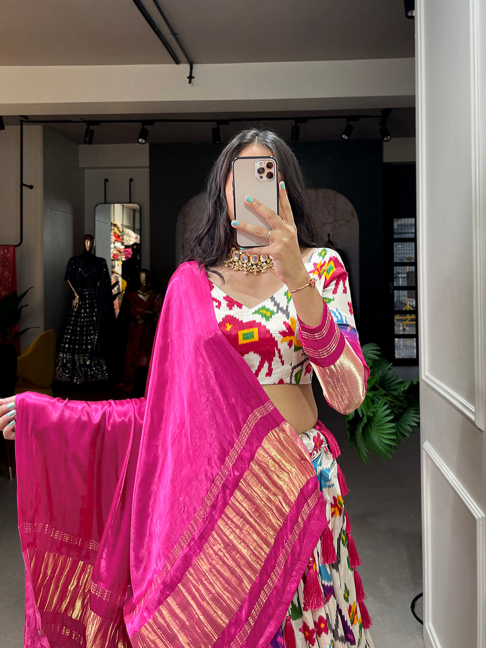 White Color Ikkat Patola Printed Gaji Silk Lehenga Choli ClothsVilla