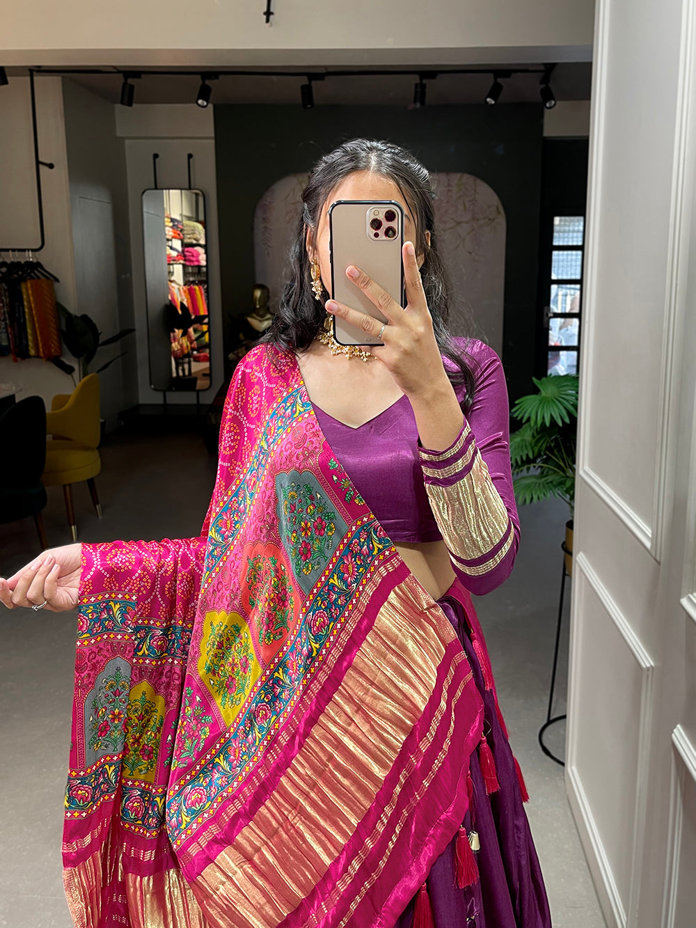 Purple Color Dyeing With Lagdi Patta Gaji Silk Lehenga Choli ClothsVilla.com