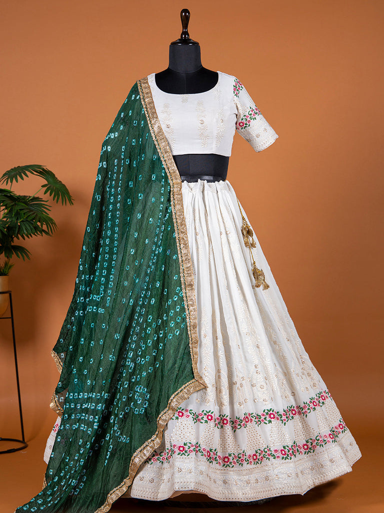 White Color Lucknowi Work Georgette Lehenga Choli With Green Bandhani Dupatta Clothsvilla