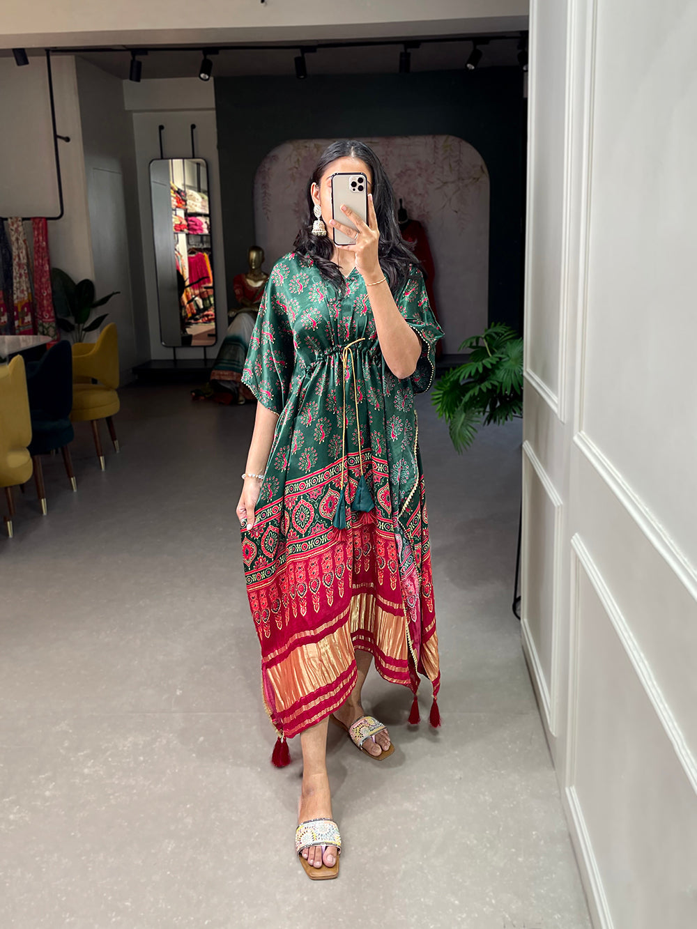 Green Color Digital Print With Gotta Patti Lace Border Gaji Silk Kaftan ClothsVilla.com