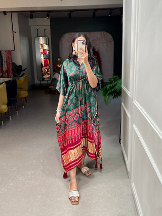 Green Color Digital Print With Gotta Patti Lace Border Gaji Silk Kaftan ClothsVilla.com