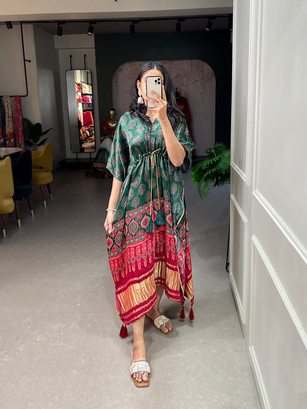 Green Color Digital Print With Gotta Patti Lace Border Gaji Silk Kaftan ClothsVilla.com
