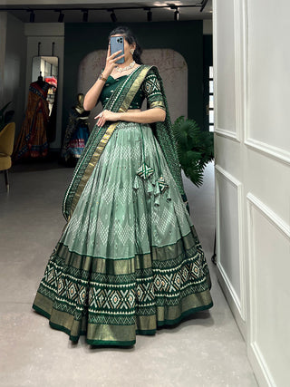 Green Color Dot And Ikkat Print With Foil Work Tussar Silk Lehenga Choli Clothsvilla