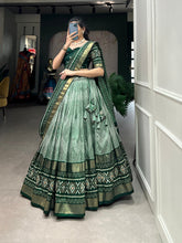 Load image into Gallery viewer, Green Color Dot And Ikkat Print With Foil Work Tussar Silk Lehenga Choli Clothsvilla