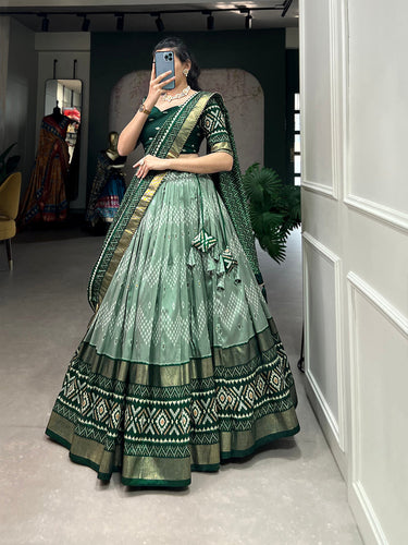 Green Color Dot And Ikkat Print With Foil Work Tussar Silk Lehenga Choli Clothsvilla