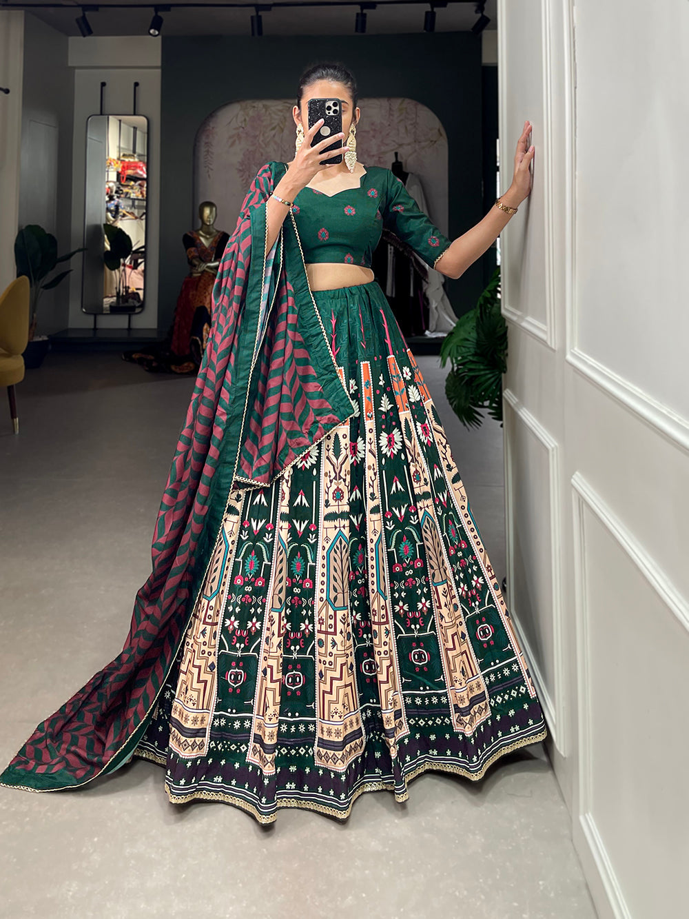Green Color Printed With Lace Border Vaishali Silk Traditional Lehenga Choli Clothsvilla