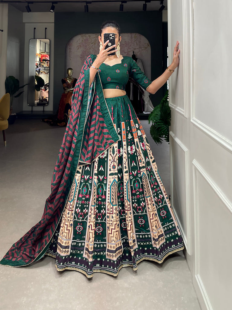 Green Color Printed With Lace Border Vaishali Silk Traditional Lehenga Choli Clothsvilla
