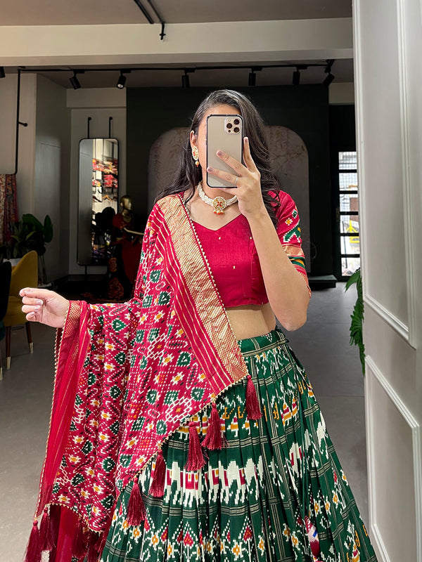 Green Color Patola Printed With Foil Work Tussar Silk Lehenga Choli ClothsVilla