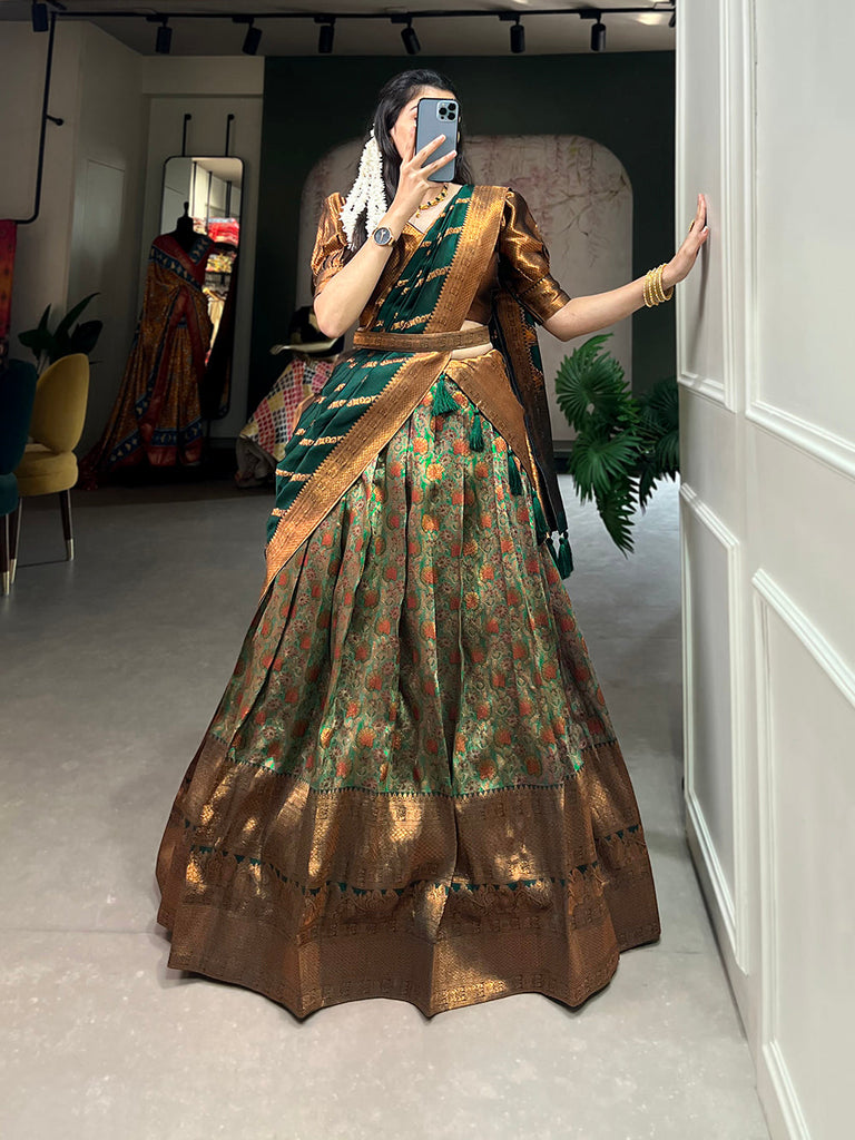 Green Color Zari Weaving Work Weaving Silk(Jacquard) Lehenga Choli Clothsvilla
