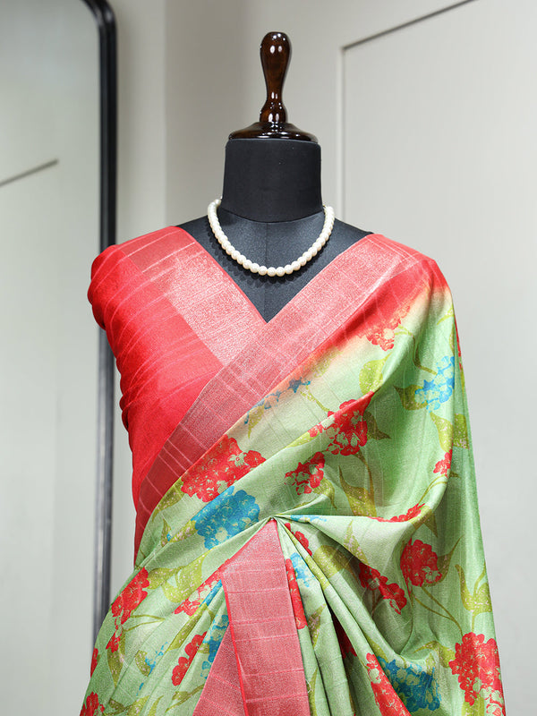 Parrot Color Digital Printed Handloom Kotha Border Saree Clothsvilla