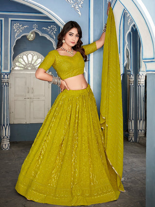 Mehndi Color Lucknowi Thread & Sequins Embroidery Work Georgette Lehenga Choli ClothsVilla.com