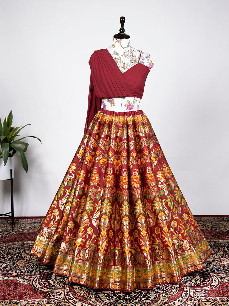 Maroon Color Zari Weaving Work Banarasi Silk Lehenga Choli ClothsVilla.com