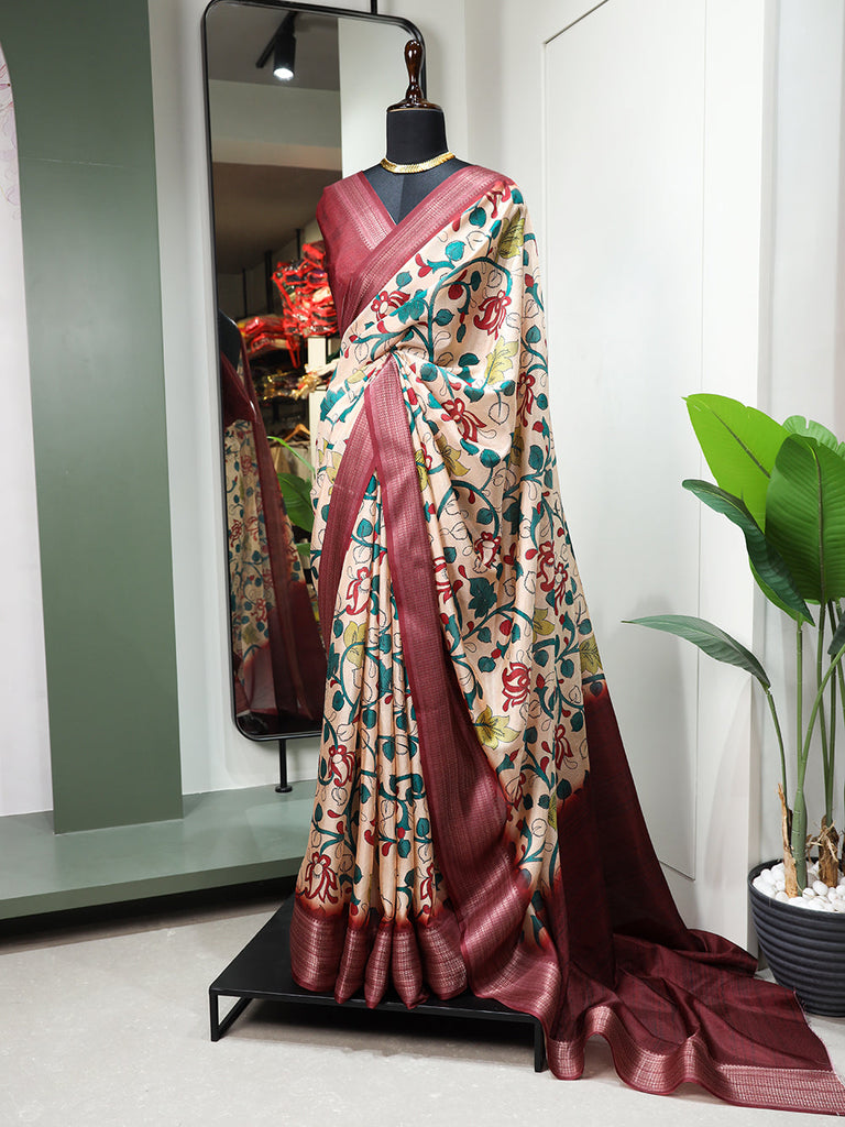 Maroon Color Printed With Zari Border Dola Silk Saree Clothsvilla