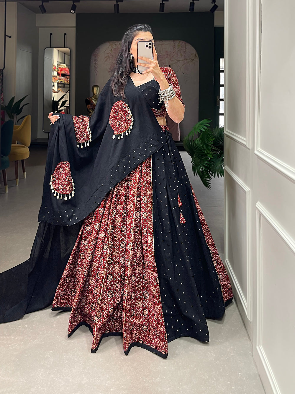Maroon Color Printed And Over All Mirror Work With Gotta Patti Cotton Lehenga Choli ClothsVilla.com