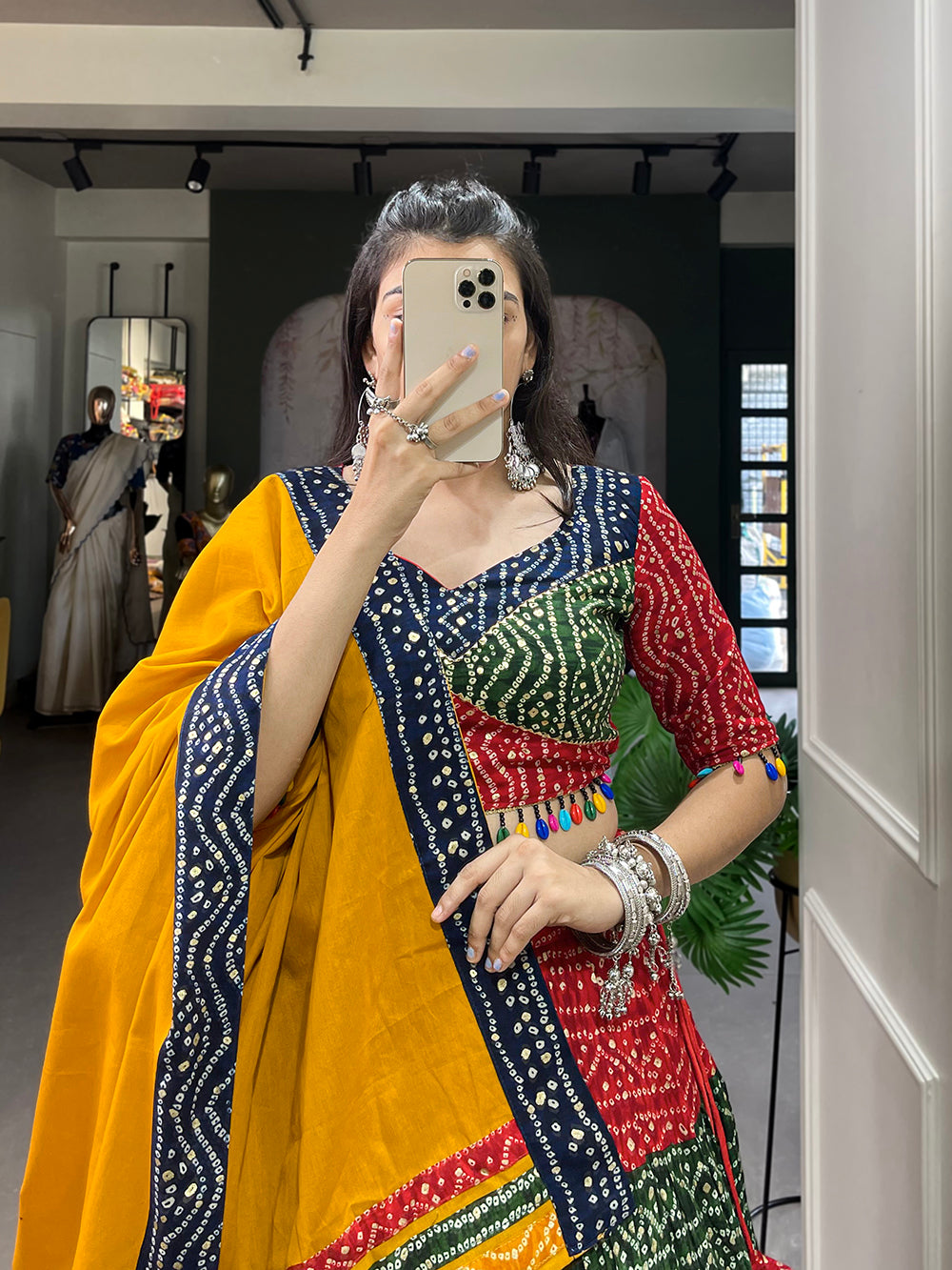 Multi Color Bandhej Printed With Foil Work Rayon Navratri Chaniya Choli ClothsVilla.com