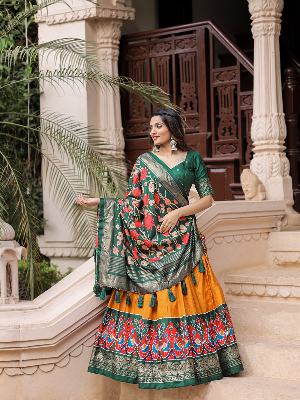 Mustard Color Printed With Foil Work Dola Silk Lehenga Choli ClothsVilla.com