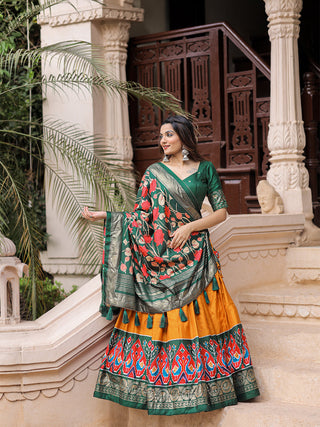 Mustard Color Printed With Foil Work Dola Silk Lehenga Choli ClothsVilla.com