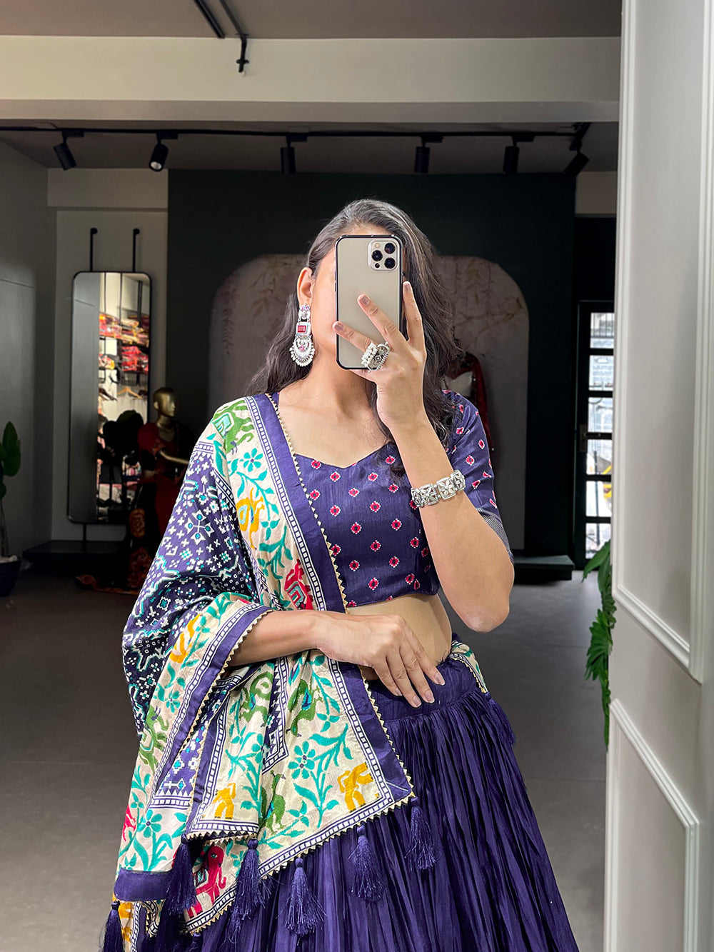 Navy Blue Color Bandhej Print With Patola Print Crushed Dola Silk Lehenga Choli ClothsVilla.com