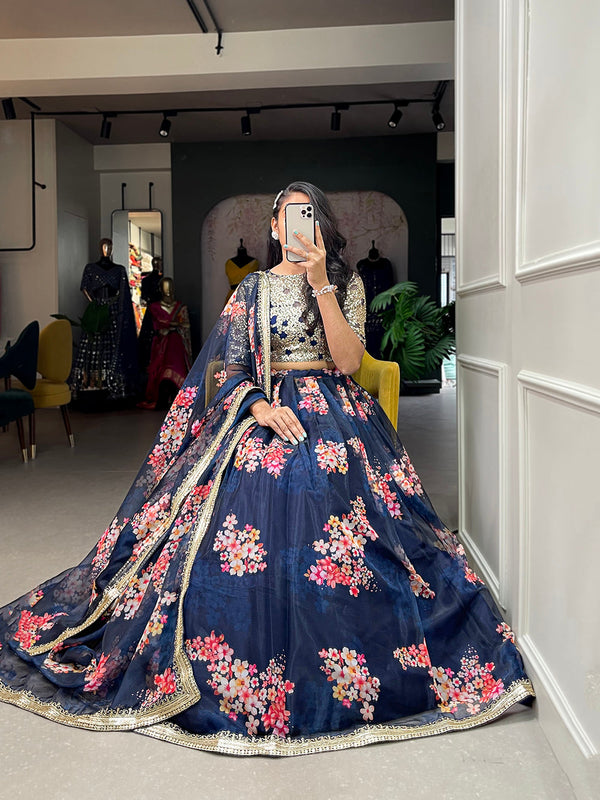 Navy Blue Color Printed And Sequins Embroidery Lace Border Organza Lehenga Choli ClothsVilla.com