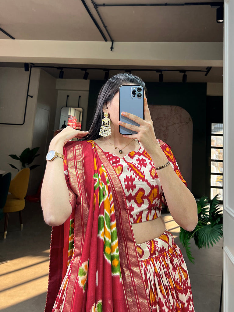 Off White Color Patola Print With Foil Work Tussar Silk Lehnga Choli Clothsvilla