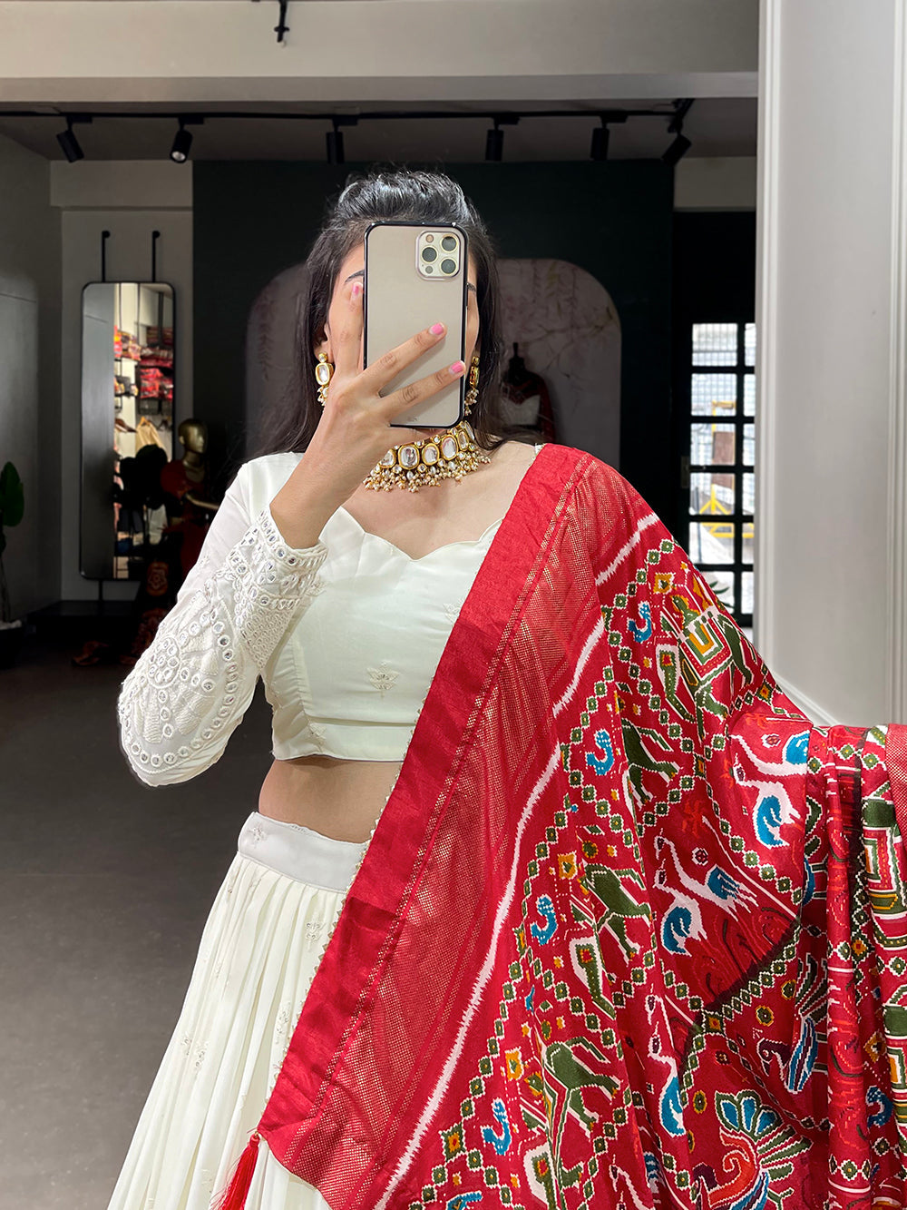 White Color Lucknowi Paper Mirror Work Georgette lehenga Choli ClothsVilla.com