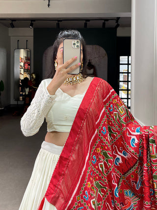 White Color Lucknowi Paper Mirror Work Georgette lehenga Choli ClothsVilla.com