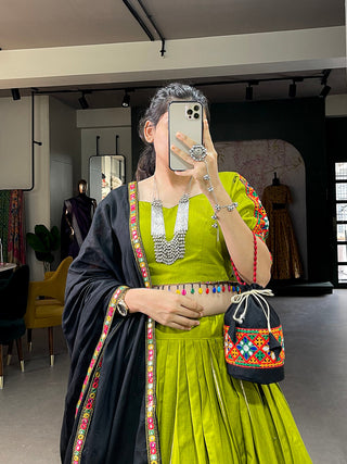 Parrot Color Gamthi Work With Paper Mirror Work Cotton Dandiya Choli ClothsVilla