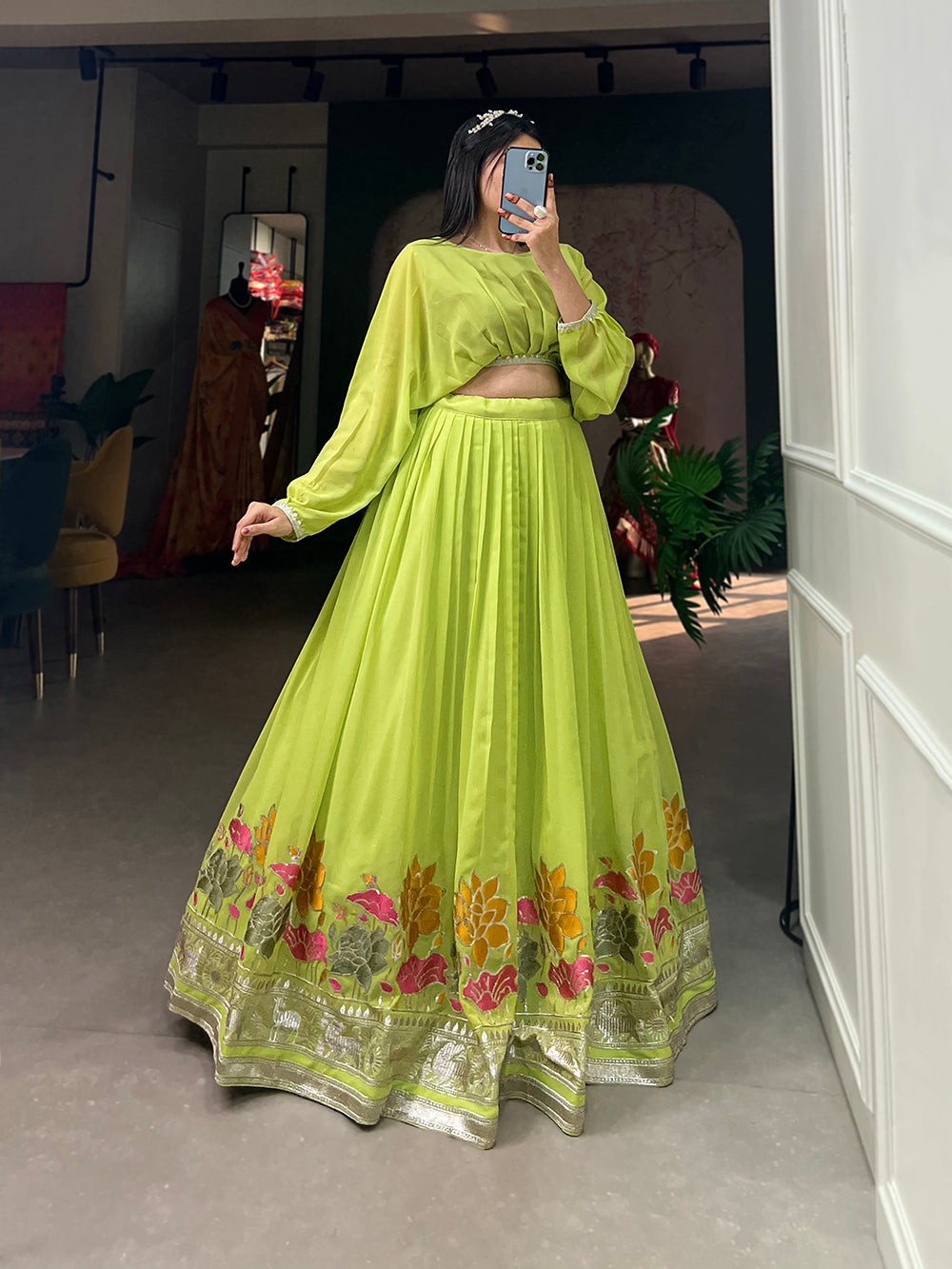 Parrot Color Sequins And Thread Embroidery Work Georgette Lehenga Choli Clothsvilla