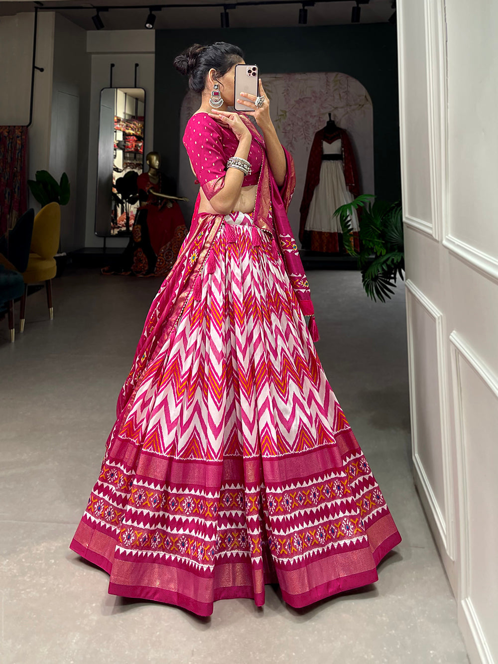Pink Color Leheriya With Foil Work Tussar Silk Lehenga Choli ClothsVilla