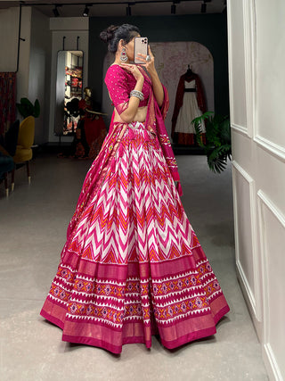 Pink Color Leheriya With Foil Work Tussar Silk Lehenga Choli ClothsVilla