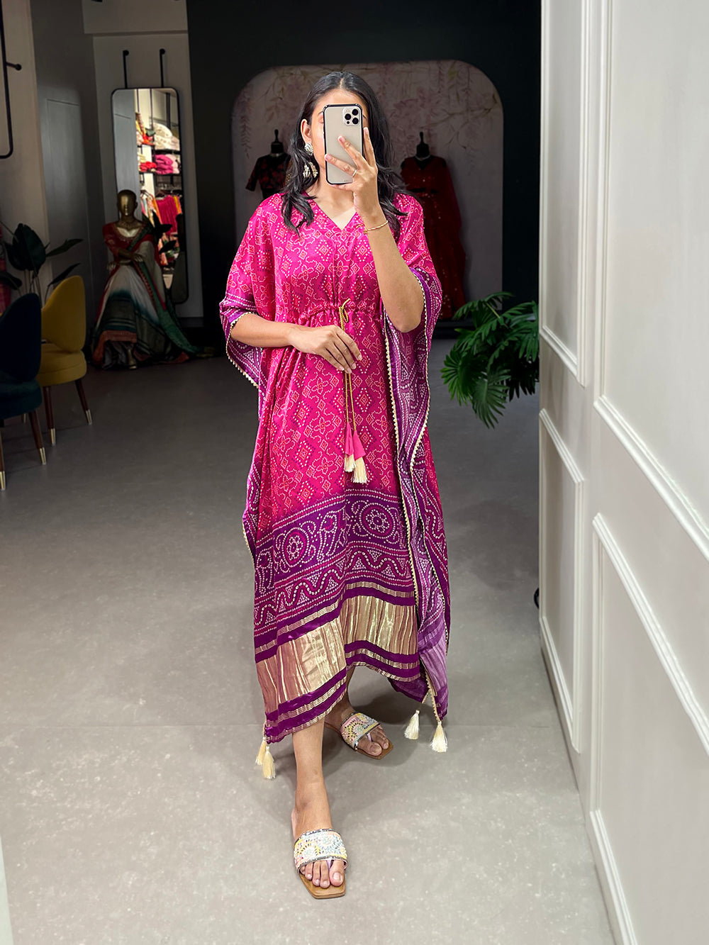 Pink Color Bandhej Printed Gaji Silk Kaftan ClothsVilla.com