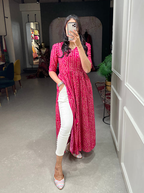 Pink Color Foil and Printed Pure Cotton Kurti Clothsvilla Main image