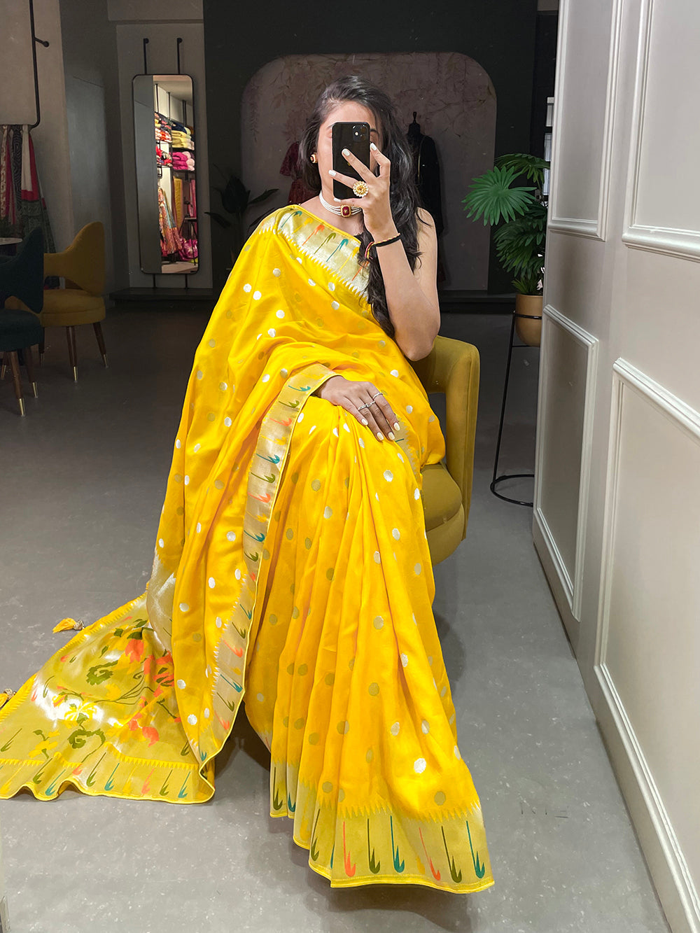 Yellow Color Zari Weaving Work Pure Viscose Saree Clothsvilla